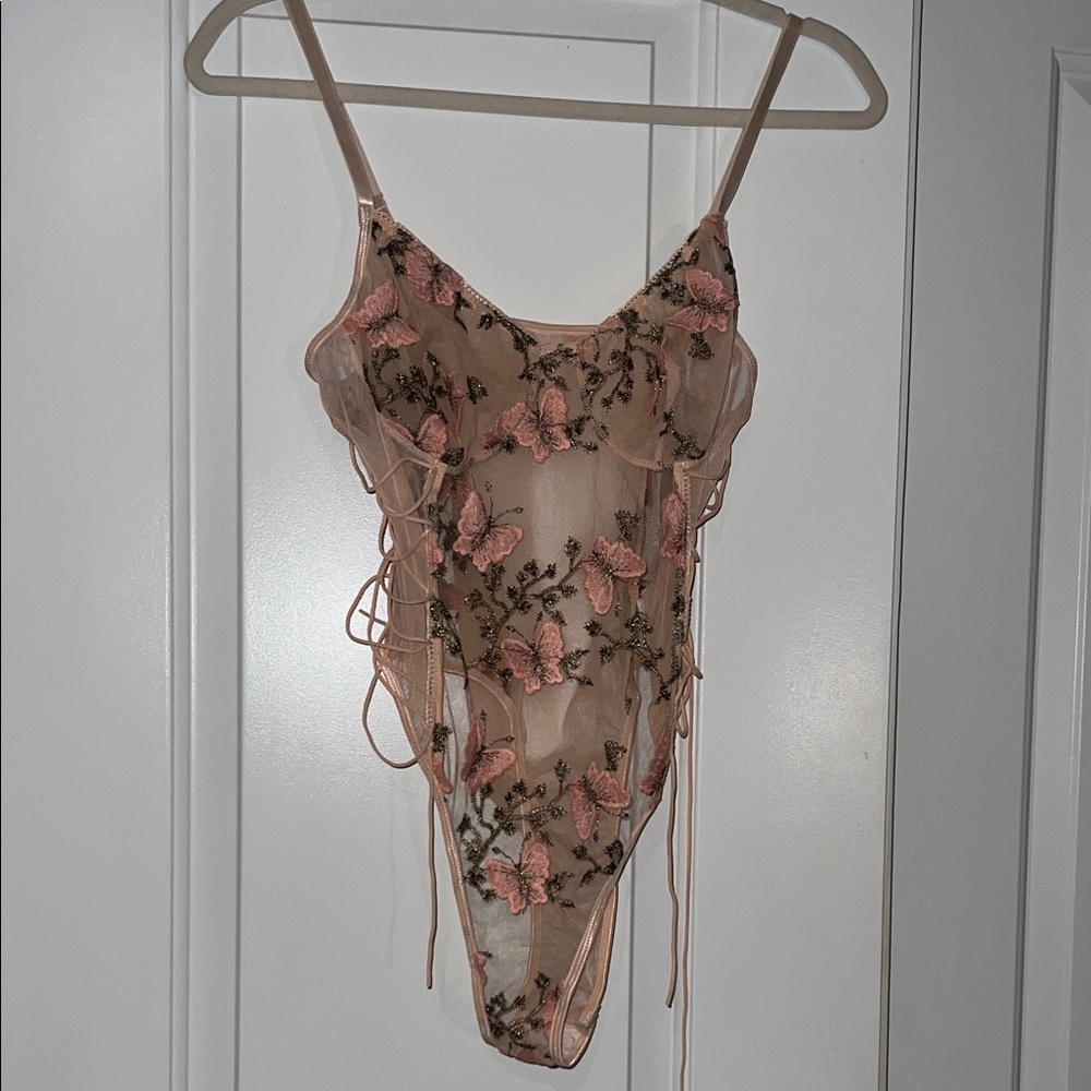 Floral Butterfly Embroidered Sheer Bodysuit (Not used)